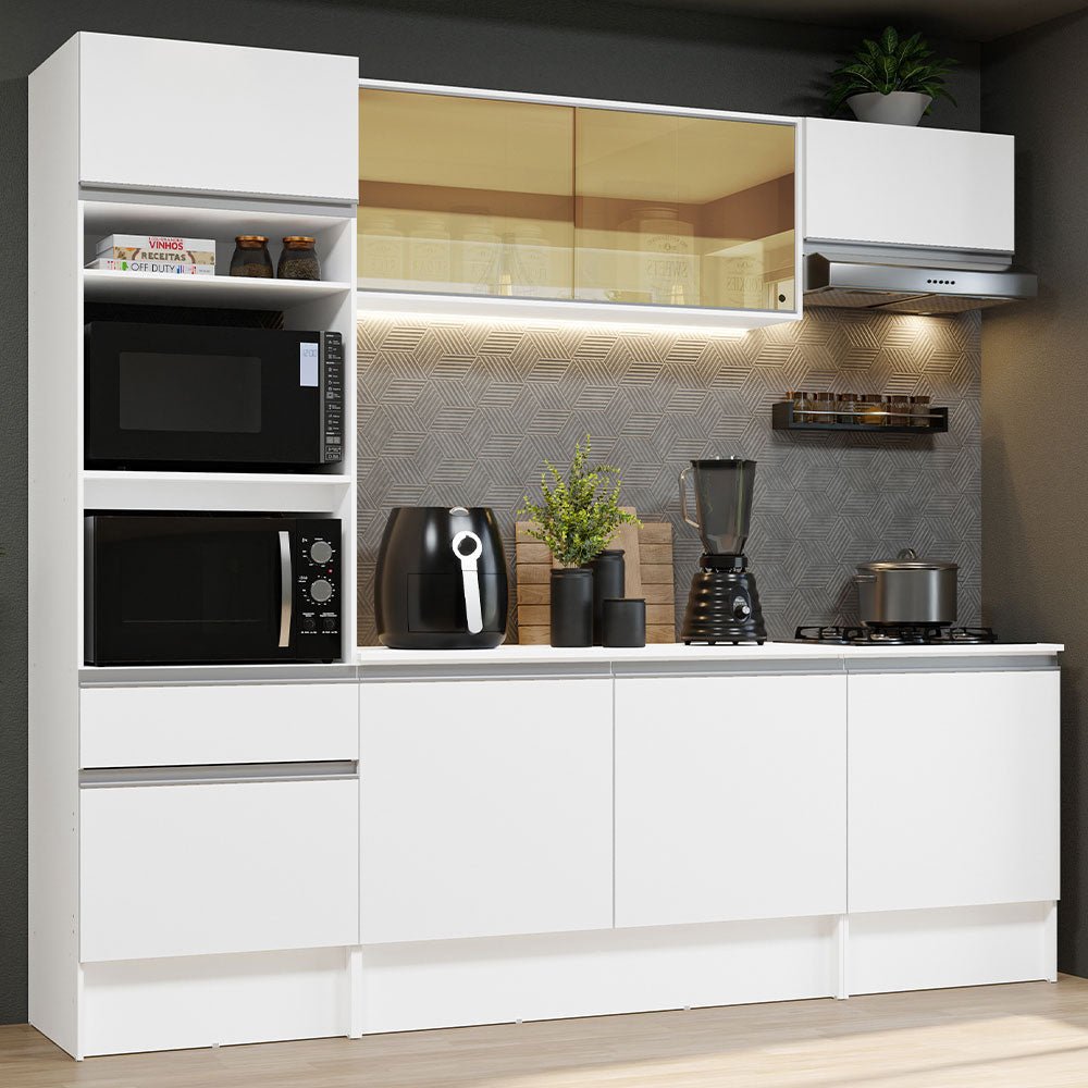 Cocina Integral Diamante Blanco 240x210cm con Mesón de Madera con Trece Entrepaños y sin Estufa - COCINAS | Bylmo