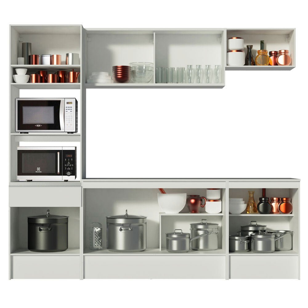 Cocina Integral Diamante Blanco 240x210cm con Mesón de Madera con Trece Entrepaños y sin Estufa - COCINAS | Bylmo