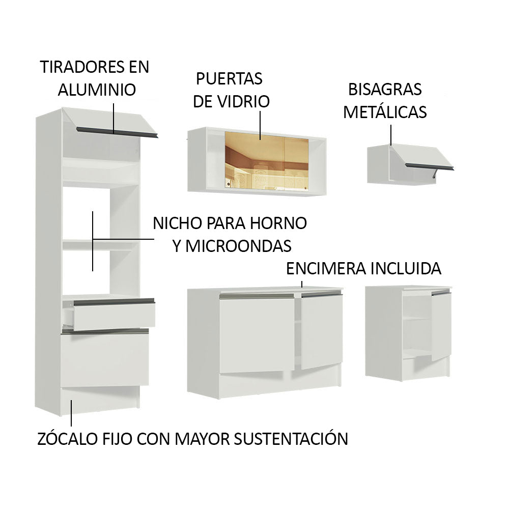 Cocina Integral Diamante Blanco 240x210cm con Mesón de Madera con Trece Entrepaños y sin Estufa - COCINAS | Bylmo