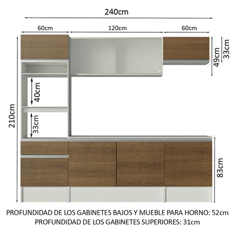 Cocina Integral Topazio Marron 240x210cm con Mesón de Madera con Mueble para Horno y sin Estufa - COCINAS | Bylmo
