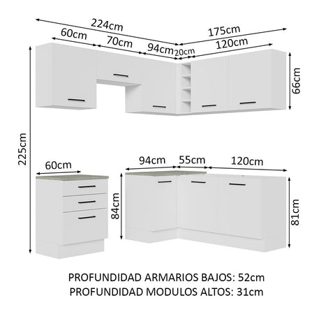 Cocina Integral Agata Blanco 399x225cm sin Mesón y sin Estufa - COCINAS | Bylmo