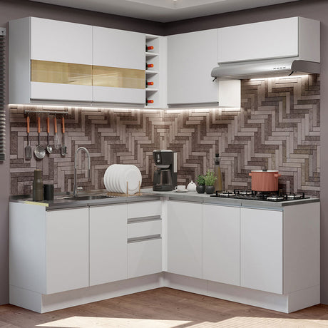 Cocina Integral Esquinero Glamy Blanco 349x225cm sin Mesón con Un Cajón para Cubiertos y sin Estufa - COCINAS | Bylmo