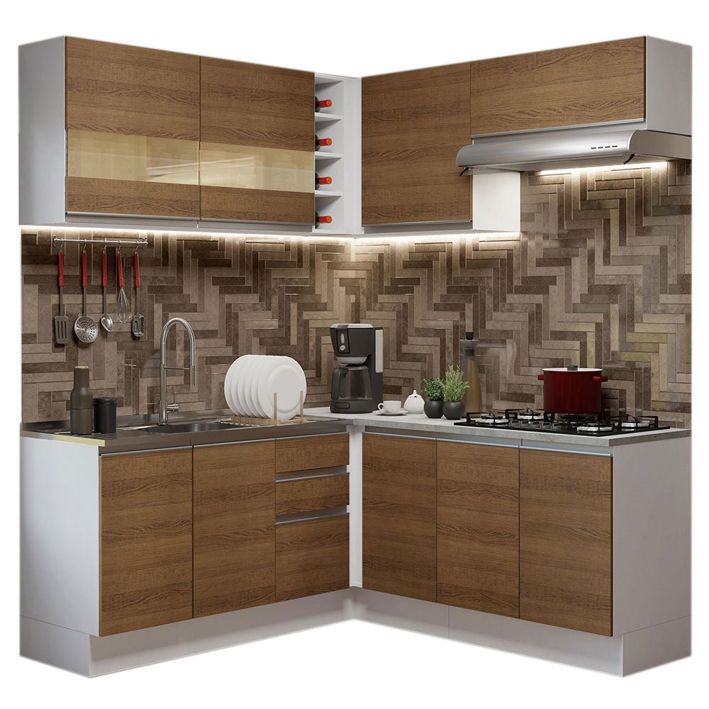 Cocina Integral Glamy Marron 349x225cm sin Mesón con Un Cajón para Cubiertos y sin Estufa - COCINAS | Bylmo