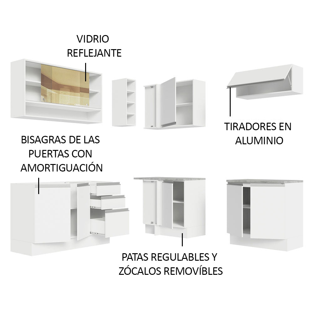 Cocina Integral Esquinero Glamy Blanco 349x225cm sin Mesón con Tres Cajones y sin Estufa - COCINAS | Bylmo