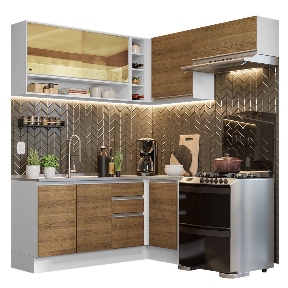 Cocina Integral Glamy Marron 349x225cm sin Mesón con Un Botellero y sin Estufa - COCINAS | Bylmo