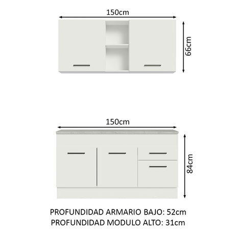Cocina Integral Agata Blanco 150x225cm con Mesón de Madera y sin Estufa - COCINAS | Bylmo