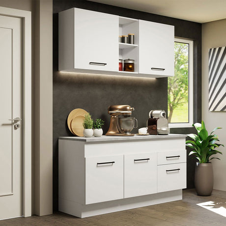 Cocina Integral Agata Blanco 150x225cm con Mesón de Madera y sin Estufa - COCINAS | Bylmo