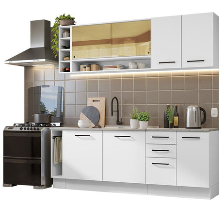 Cocina Integral Agata Da Themis Blanco 220x225cm con Mesón de Madera y sin Estufa - COCINAS | Bylmo