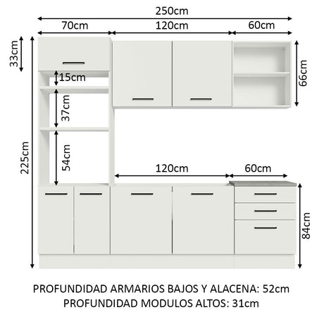 Cocina Integral Agata Blanco 250x225cm sin Mesón y sin Estufa - COCINAS | Bylmo