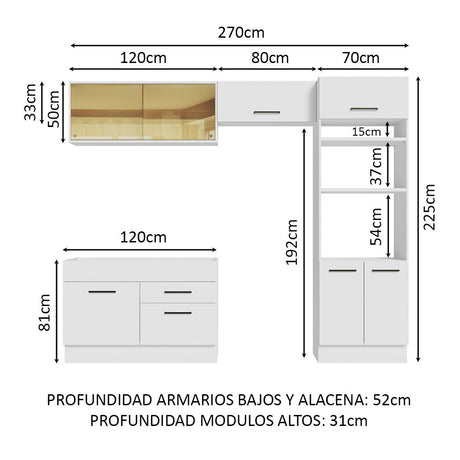 Cocina Integral Agata Blanco 270x225cm sin Mesón con Doce Entrepaños y sin Estufa - COCINAS | Bylmo
