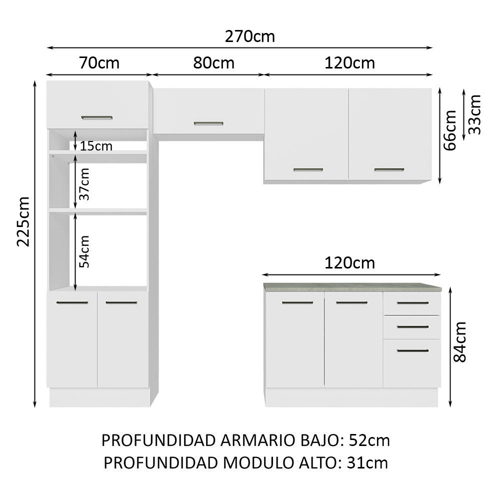 Cocina Integral Agata Blanco 270x225cm con Mesón de Madera y sin Estufa - COCINAS | Bylmo