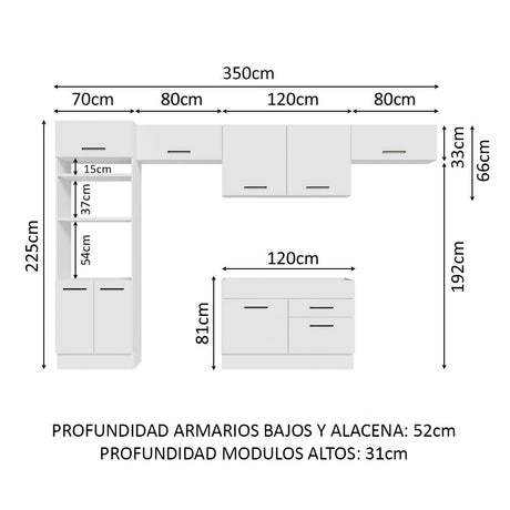 Cocina Integral Agata Blanco 350x225cm sin Mesón y sin Estufa - COCINAS | Bylmo