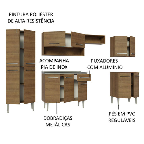 Cocina Integral Emily Marron 293x186cm con Mesón de Acero Inoxidable con Catorce Entrepaños y sin Estufa - COCINAS | Bylmo