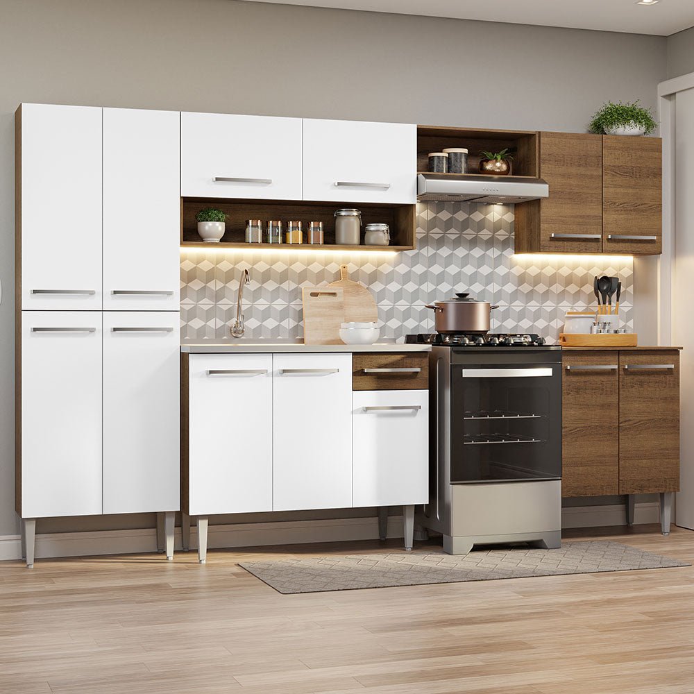Cocina Integral Emily Blanco 293x186cm con Mesón de Acero Inoxidable con Catorce Entrepaños y sin Estufa - COCINAS | Bylmo