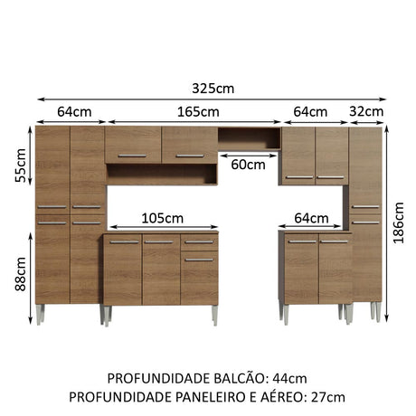 Cocina Integral Emily Joy Marron 325x186cm con Mesón de Madera con Diceciocho Entrepaños y sin Estufa - COCINAS | Bylmo