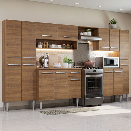 Cocina Integral Emily Joy Marron 325x186cm con Mesón de Madera con Diceciocho Entrepaños y sin Estufa - COCINAS | Bylmo