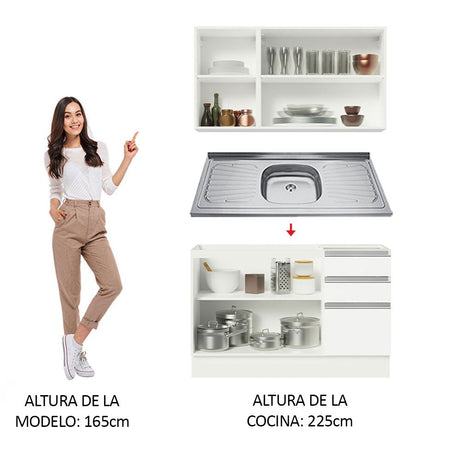 Cocina Integral Glamy Blanco 120x225cm con Mesón de Acero Inoxidable con Dos Muebles Superiores y sin Estufa - COCINAS | Bylmo