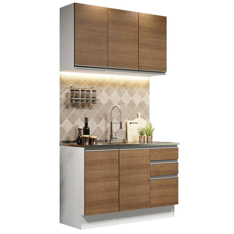 Cocina Integral Glamy Marron 120x225cm con Mesón de Acero Inoxidable con Dos Muebles Superiores y sin Estufa - COCINAS | Bylmo
