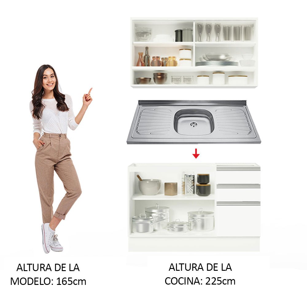 Cocina Integral Glamy Blanco 120x225cm con Mesón de Acero Inoxidable con Cinco Entrepaños y sin Estufa - COCINAS | Bylmo