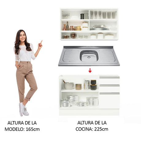 Cocina Integral Glamy Blanco 120x225cm con Mesón de Acero Inoxidable con Cinco Entrepaños y sin Estufa - COCINAS | Bylmo