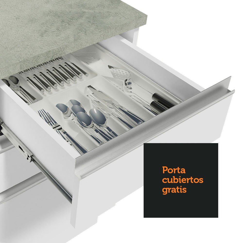 Cocina Integral Glamy Blanco 120x225cm con Mesón de Acero Inoxidable con Cinco Entrepaños y sin Estufa - COCINAS | Bylmo