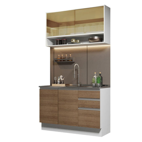 Cocina Integral Glamy Marron 120x225cm con Mesón de Acero Inoxidable con Tres Cajones y sin Estufa - COCINAS | Bylmo