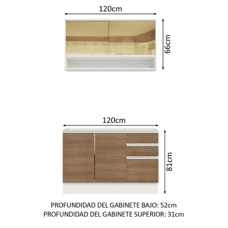 Cocina Integral Glamy Marron 120x225cm con Mesón de Acero Inoxidable con Tres Cajones y sin Estufa - COCINAS | Bylmo