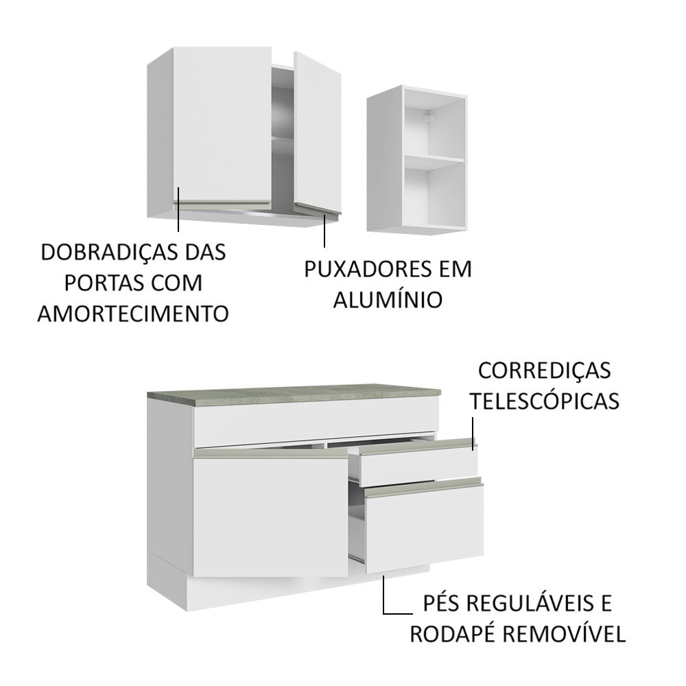 Cocina Integral Glamy Blanco 120x225cm con Mesón de Acero Inoxidable con Dos Cajones y sin Estufa - COCINAS | Bylmo