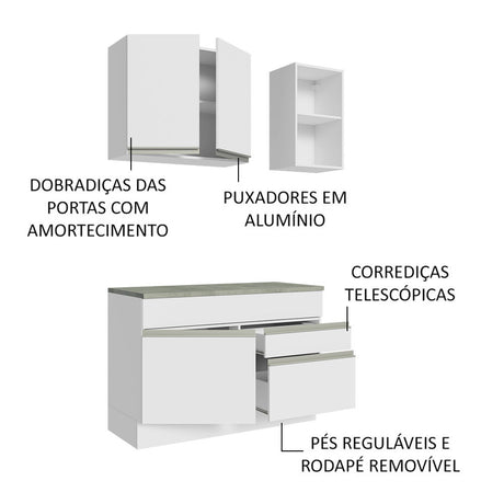 Cocina Integral Glamy Blanco 120x225cm con Mesón de Acero Inoxidable con Dos Cajones y sin Estufa - COCINAS | Bylmo