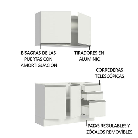 Cocina Integral Glamy Blanco 120x225cm con Mesón de Acero Inoxidable y sin Estufa - COCINAS | Bylmo