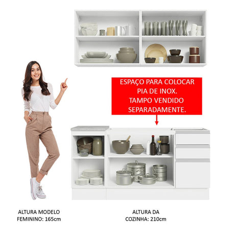 Cocina Integral Glamy Blanco 160x225cm sin Mesón con Tres Cajones y sin Estufa - COCINAS | Bylmo