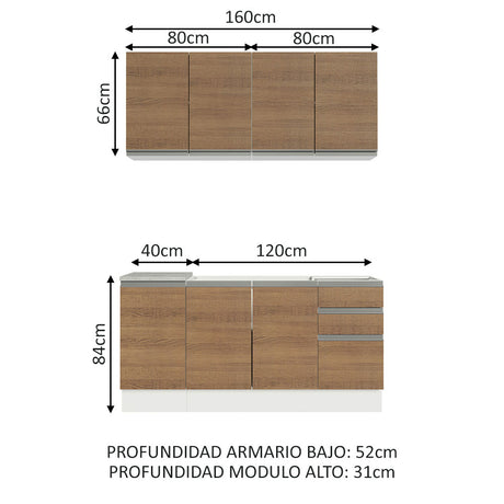 Cocina Integral Glamy Marron 160x225cm sin Mesón con Tres Cajones y sin Estufa - COCINAS | Bylmo