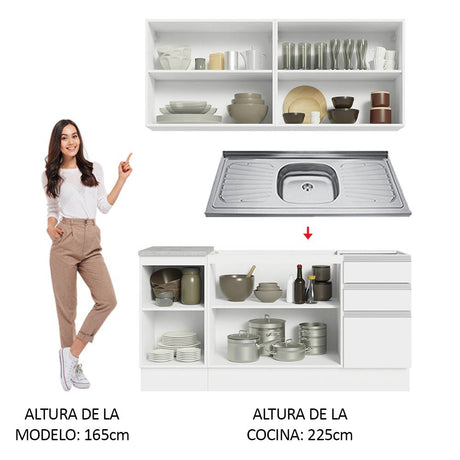 Cocina Integral Glamy Blanco 160x225cm con Mesón de Acero Inoxidable con Dos Muebles Superiores y sin Estufa - COCINAS | Bylmo