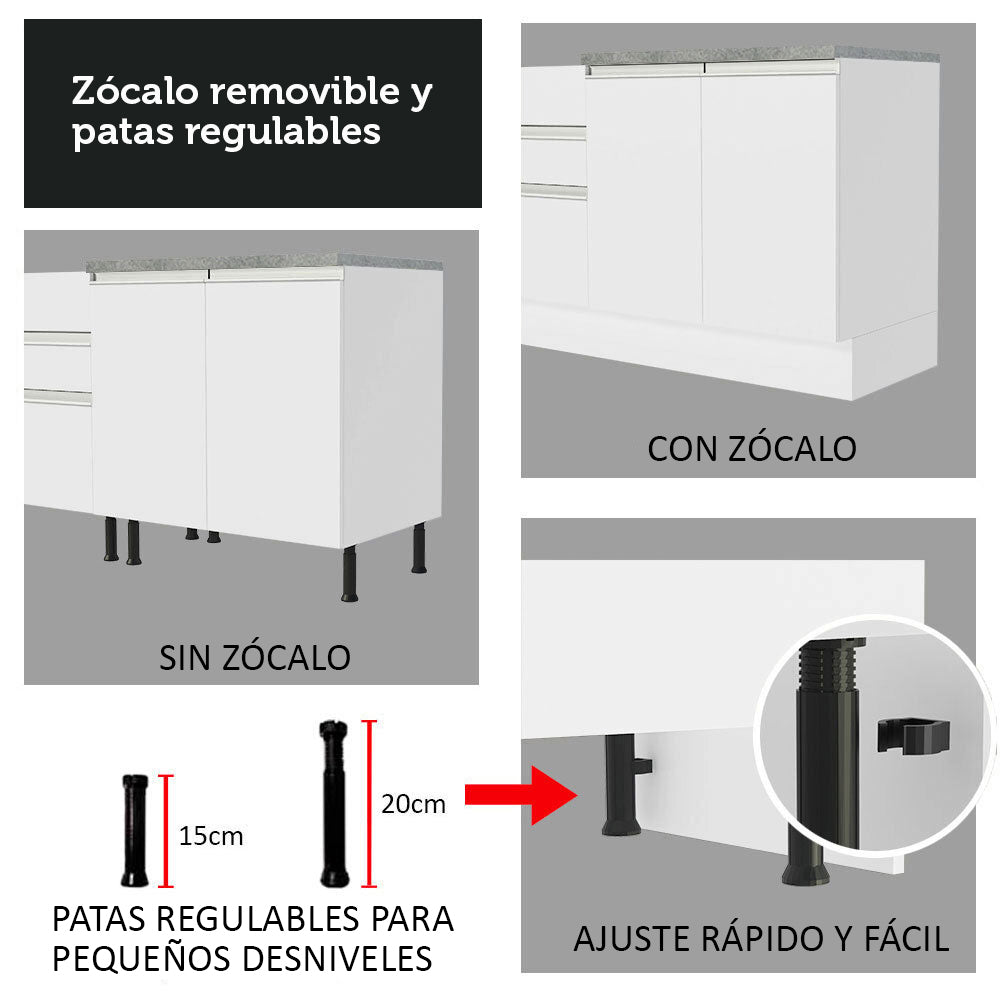 Cocina Integral Glamy Blanco 160x225cm con Mesón de Acero Inoxidable con Dos Muebles Superiores y sin Estufa - COCINAS | Bylmo