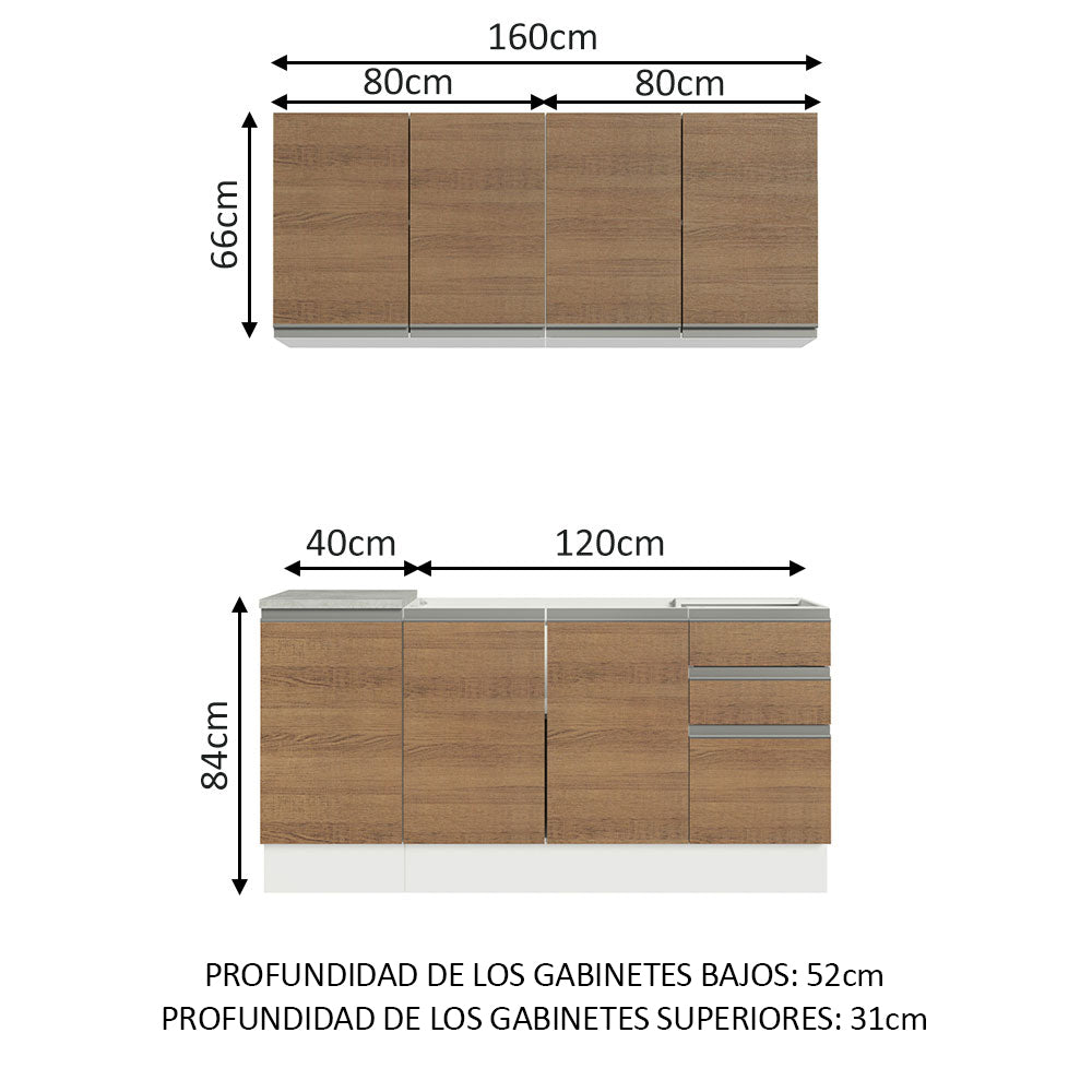 Cocina Integral Glamy Marron 160x225cm con Mesón de Acero Inoxidable con Tres Cajones y sin Estufa - COCINAS | Bylmo