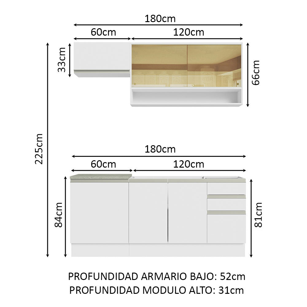 Cocina Integral Glamy Blanco 180x225cm sin Mesón con Diez Entrepaños y sin Estufa - COCINAS | Bylmo