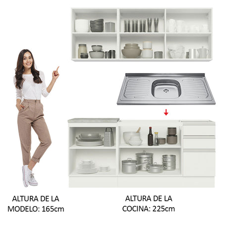 Cocina Integral Glamy Blanco 180x225cm con Mesón de Acero Inoxidable con Diez Entrepaños y sin Estufa - COCINAS | Bylmo
