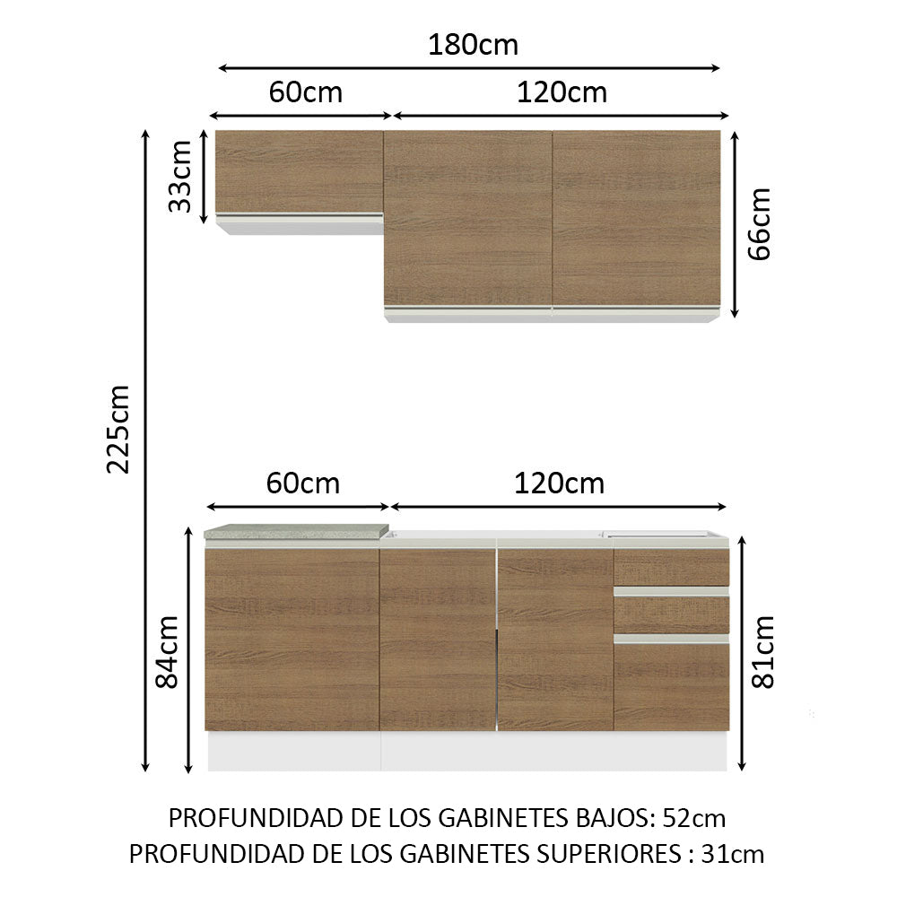 Cocina Integral Glamy Marron 180x225cm con Mesón de Acero Inoxidable con Nueve Entrepaños y sin Estufa - COCINAS | Bylmo
