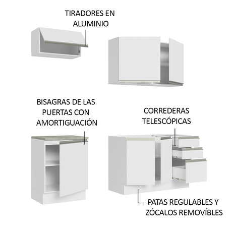 Cocina Integral Glamy Blanco 180x225cm con Mesón de Acero Inoxidable y sin Estufa - COCINAS | Bylmo