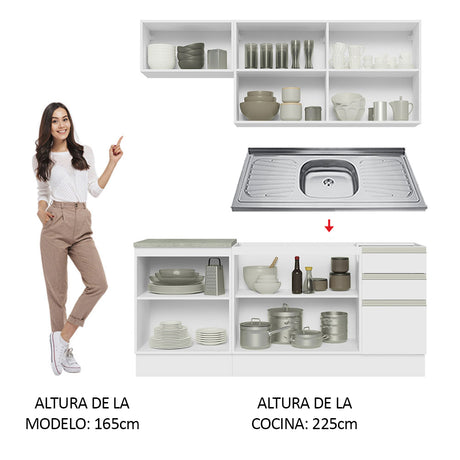 Cocina Integral Glamy Blanco 180x225cm con Mesón de Acero Inoxidable y sin Estufa - COCINAS | Bylmo