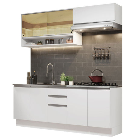 Cocina Integral Glamy Blanco 200x225cm con Mesón de Acero Inoxidable con Dos Muebles Superiores y sin Estufa - COCINAS | Bylmo