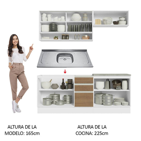 Cocina Integral Glamy Marron 200x225cm con Mesón de Acero Inoxidable con Dos Muebles Superiores y sin Estufa - COCINAS | Bylmo