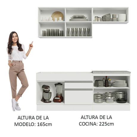 Cocina Integral Glamy Blanco 200x225cm sin Mesón con Dos Cajones y sin Estufa - COCINAS | Bylmo