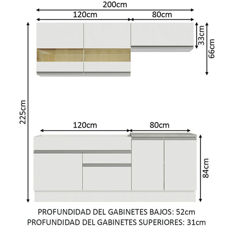 Cocina Integral Glamy Blanco 200x225cm sin Mesón con Dos Cajones y sin Estufa - COCINAS | Bylmo