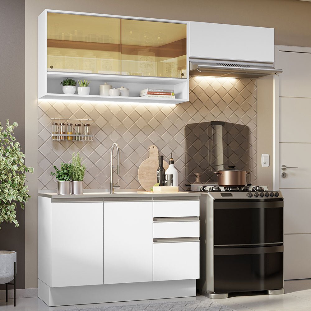 Cocina Integral Glamy Blanco 200x225cm sin Mesón con Tres Cajones y sin Estufa - COCINAS | Bylmo