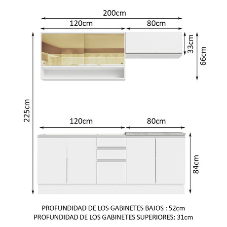 Cocina Integral Glamy Blanco 200x225cm con Mesón de Acero Inoxidable Con Tres Cajones y sin Estufa - COCINAS | Bylmo
