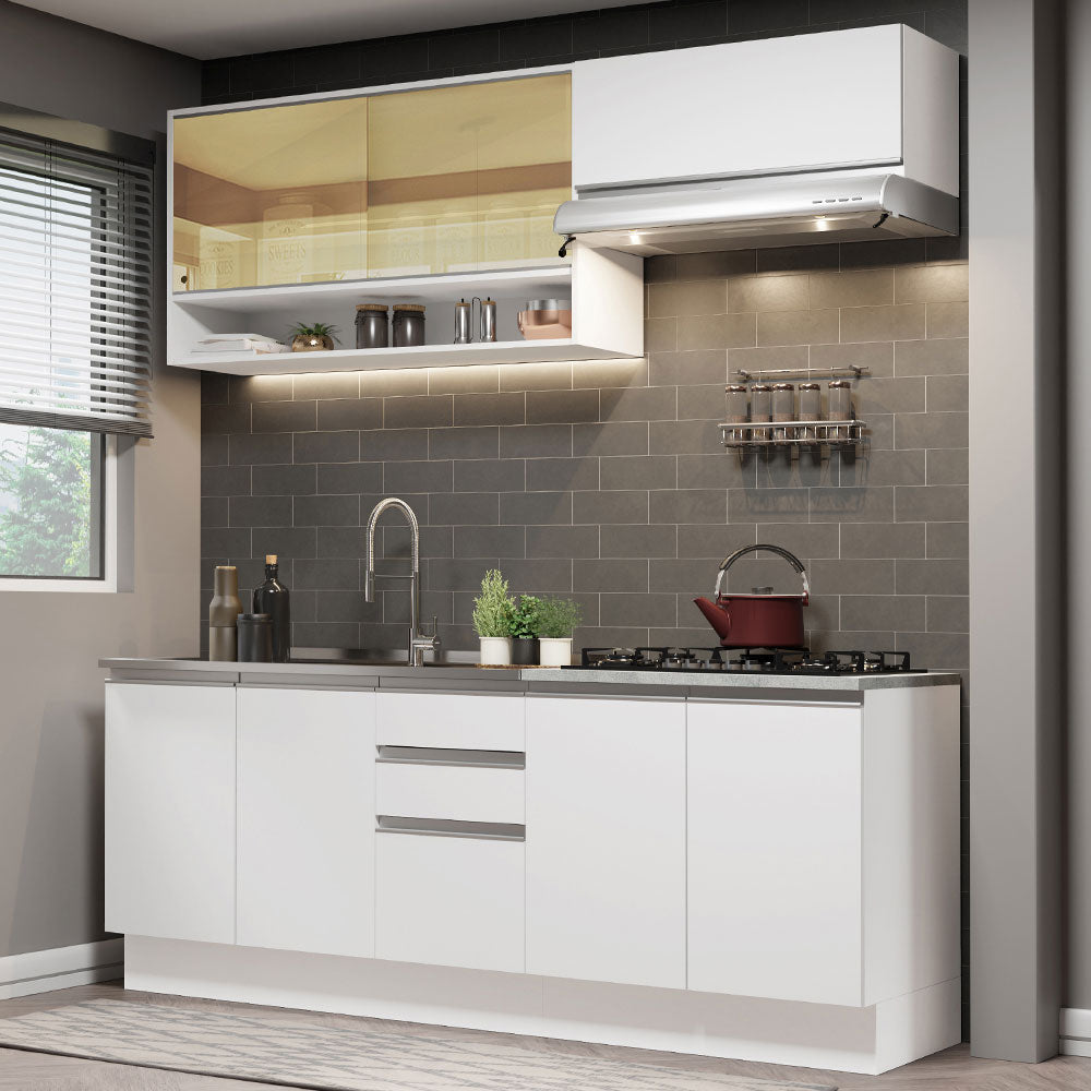 Cocina Integral Glamy Blanco 200x225cm con Mesón de Acero Inoxidable Con Tres Cajones y sin Estufa - COCINAS | Bylmo