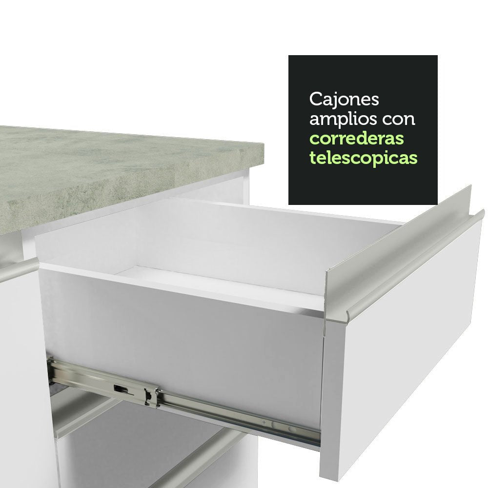 Cocina Integral Glamy Blanco 200x225cm con Mesón de Acero Inoxidable Con Tres Cajones y sin Estufa - COCINAS | Bylmo