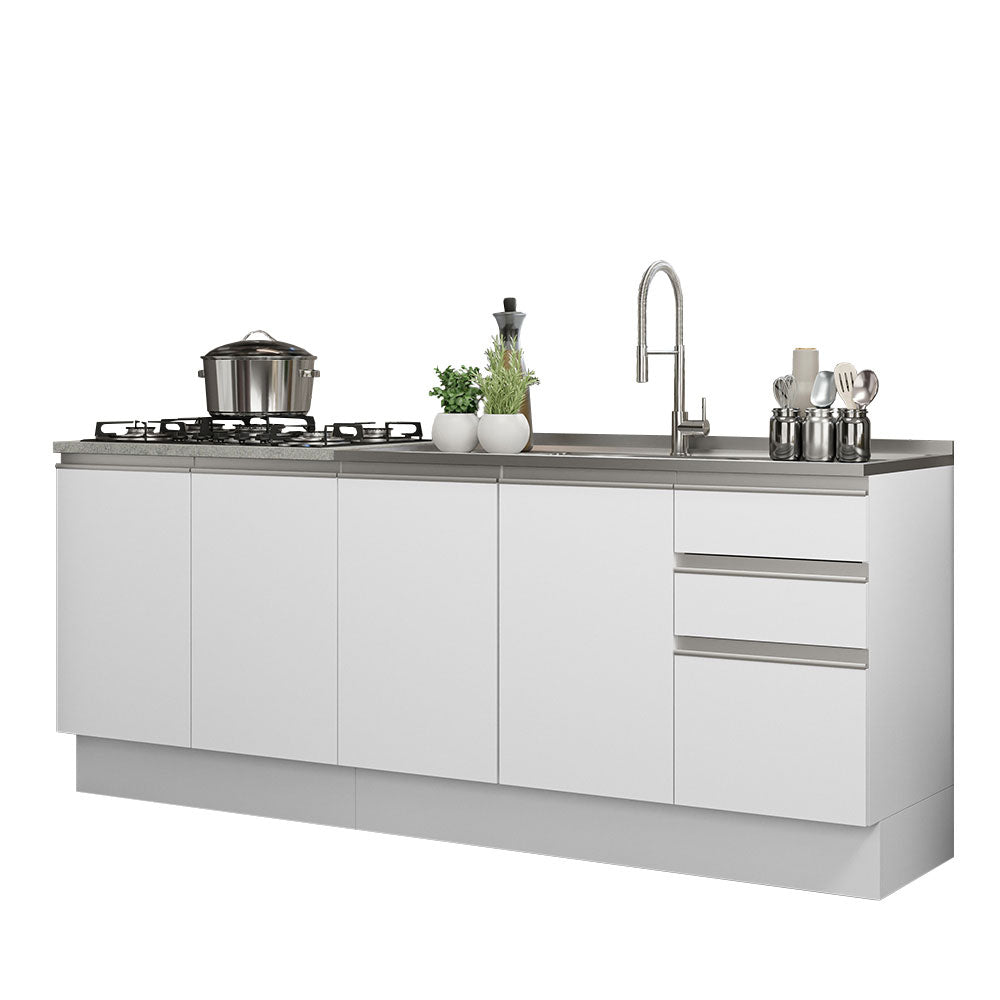 Cocina Integral Glamy Blanco 200x225cm con Mesón de Acero Inoxidable con Cuatro Entrepaños y sin Estufa - COCINAS | Bylmo