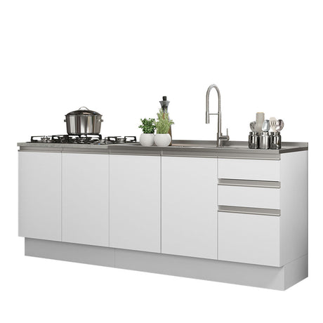 Cocina Integral Glamy Blanco 200x225cm con Mesón de Acero Inoxidable con Cuatro Entrepaños y sin Estufa - COCINAS | Bylmo